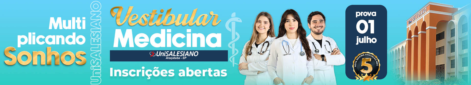 Imagem ilustrativa que mostra composição com 3 médicos e detalhe fa fachada do UniSalesiano son fundo azul, onde se lê iextos com informações do processo